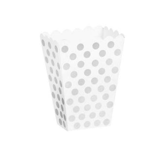 White and Silver Polka Dot Popcorn Boxes I Silver Party Tableware I My Dream Party Shop UK