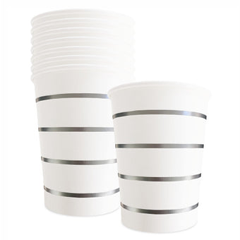 White Party Cups with Silver Stripes x 8 - My Dream Party Shop