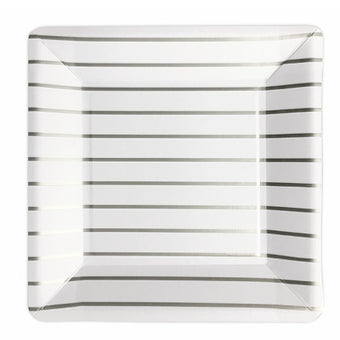 Large Square White Plates with Silver Stripes I Modern Silver Party Tableware I My Dream Party Shop