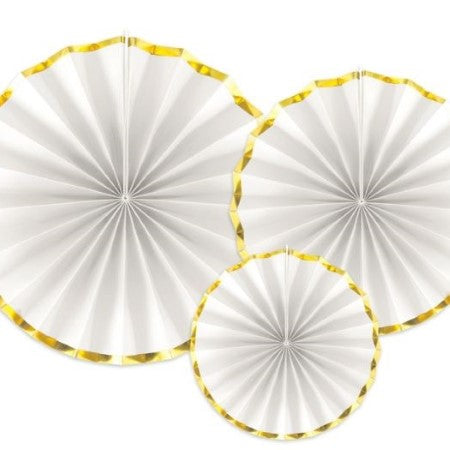 White and Gold Rosette Fans I Set of Three White Fans with a Gold Foil Border I UK
