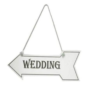 Vintage White Wooden Wedding Sign in the Shape of an Arrow